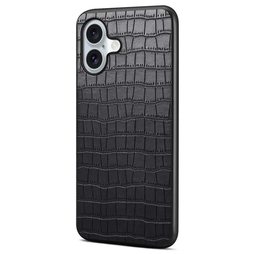 For iPhone 16 Case Crocodile Texture Leather Coated PC+TPU Phone Cover - Black - 1