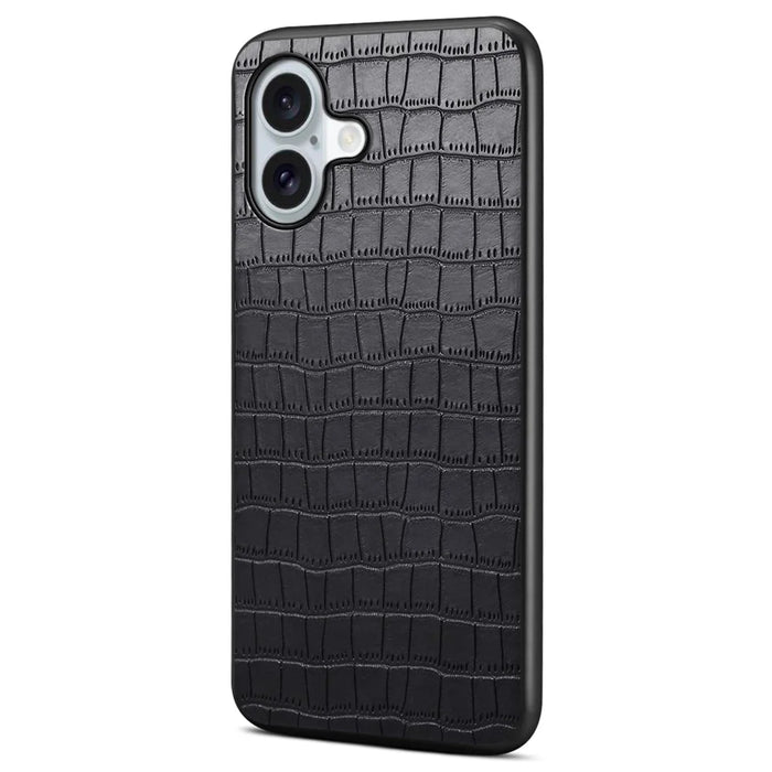 For iPhone 16 Case Crocodile Texture Leather Coated PC+TPU Phone Cover - Black - 1