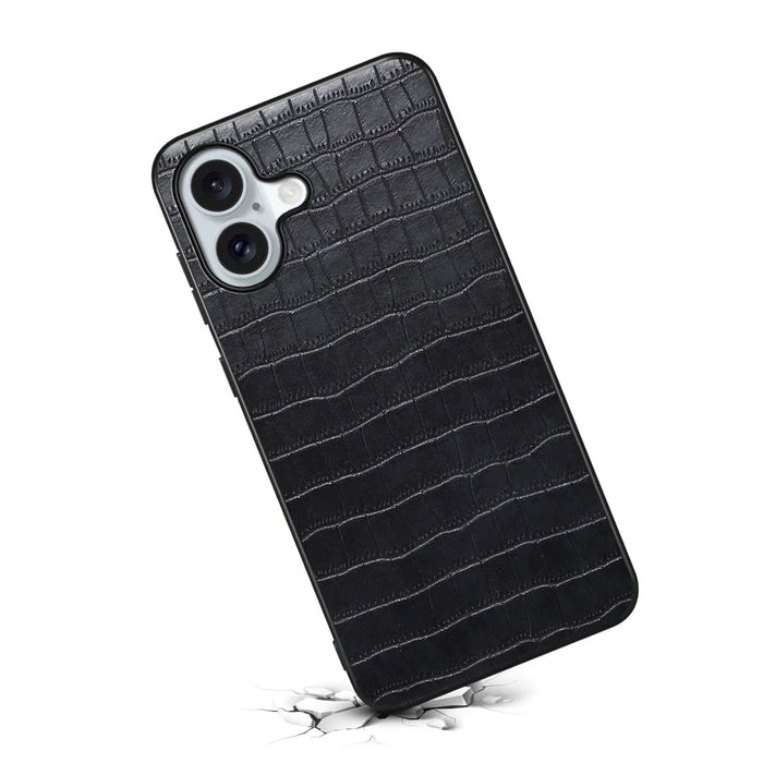 For iPhone 16 Case Crocodile Texture Leather Coated PC+TPU Phone Cover - Black - 2