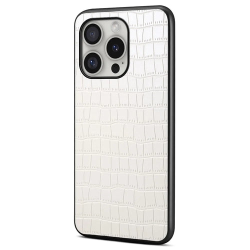 For iPhone 16 Pro Case Crocodile Texture Leather Coated PC+TPU Phone Cover - White - 1