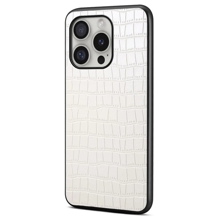 For iPhone 16 Pro Case Crocodile Texture Leather Coated PC+TPU Phone Cover - White - 1