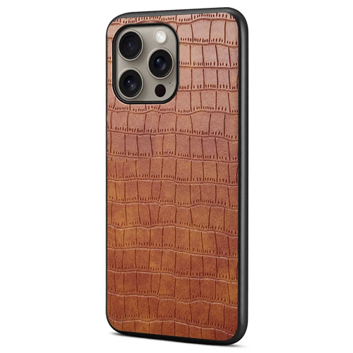 For iPhone 16 Pro Max Case Crocodile Texture Leather Coated PC+TPU Phone Cover - Brown - 1