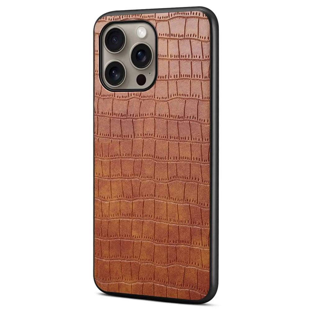 For iPhone 16 Pro Max Case Crocodile Texture Leather Coated PC+TPU Phone Cover - Brown - 1