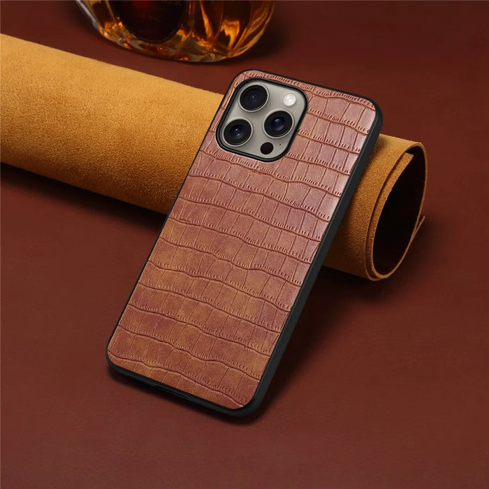 For iPhone 16 Pro Max Case Crocodile Texture Leather Coated PC+TPU Phone Cover - Brown - 4