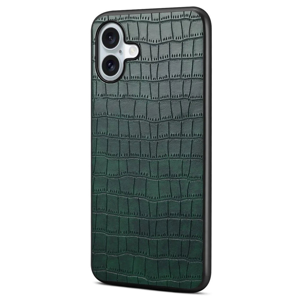 For iPhone 16 Plus Case Crocodile Texture Leather Coated PC+TPU Phone Cover - Green - 1