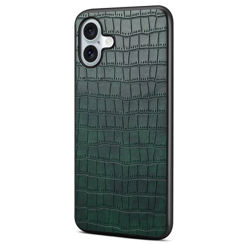 For iPhone 16 Plus Case Crocodile Texture Leather Coated PC+TPU Phone Cover - Green - 1