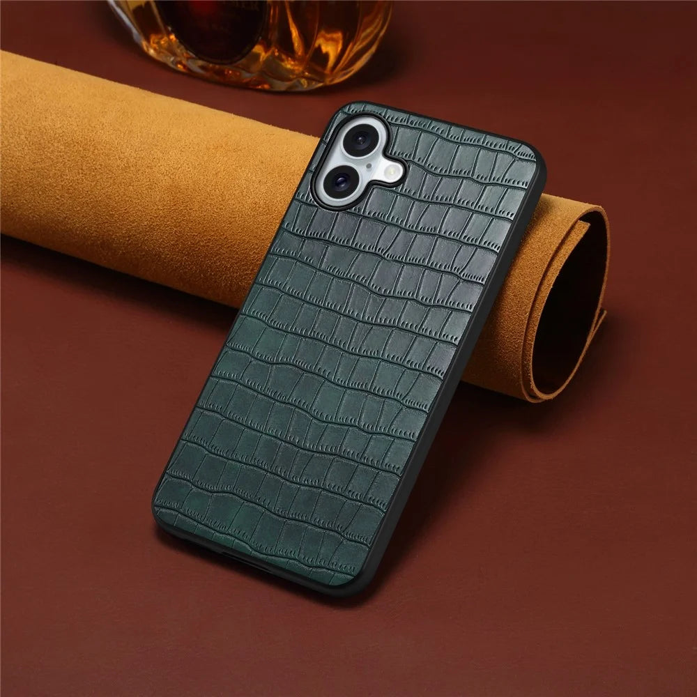 For iPhone 16 Plus Case Crocodile Texture Leather Coated PC+TPU Phone Cover - Green - 4