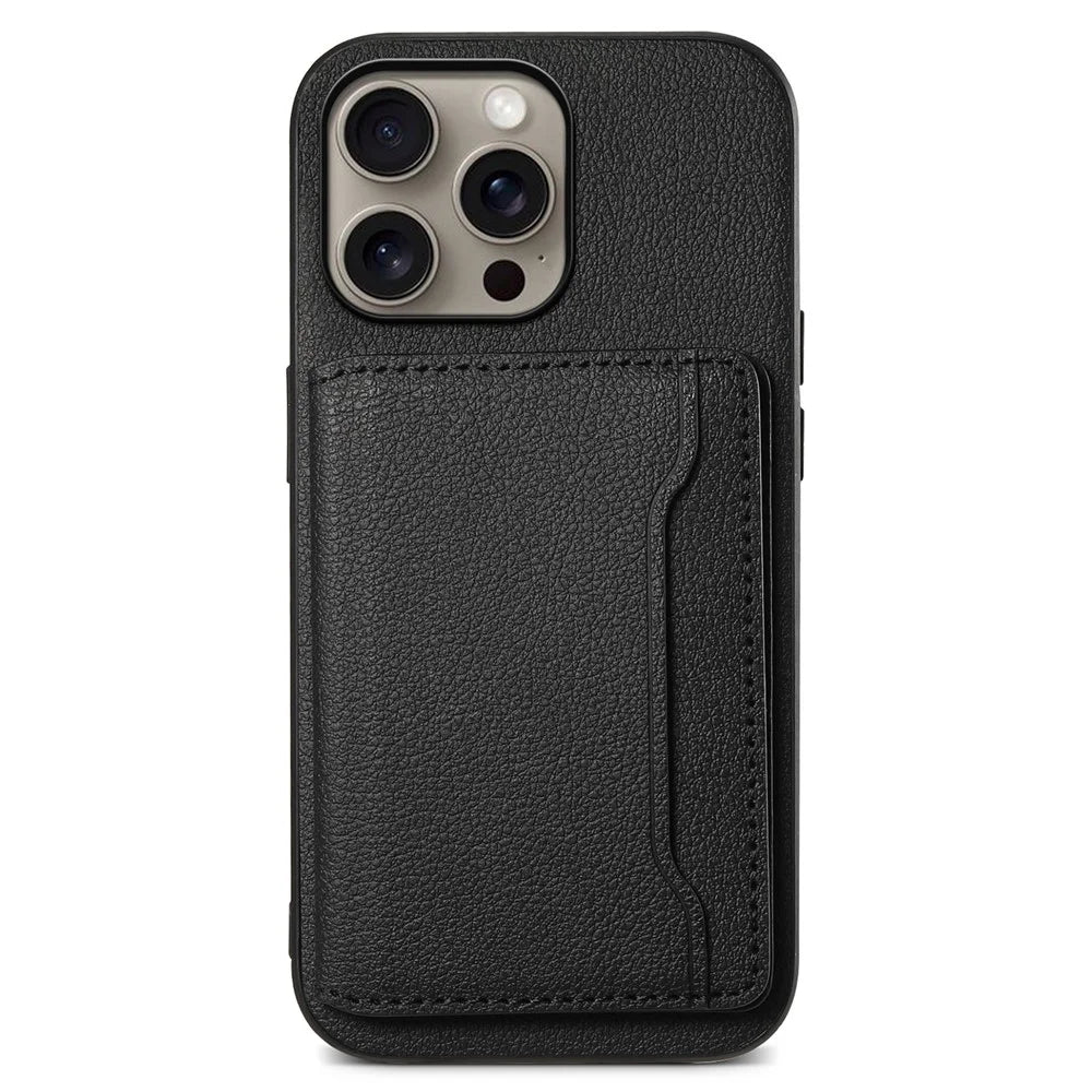 For iPhone 16 Pro Case Card Holder Kickstand Leather Coated PC+TPU Phone Cover - Black - 1