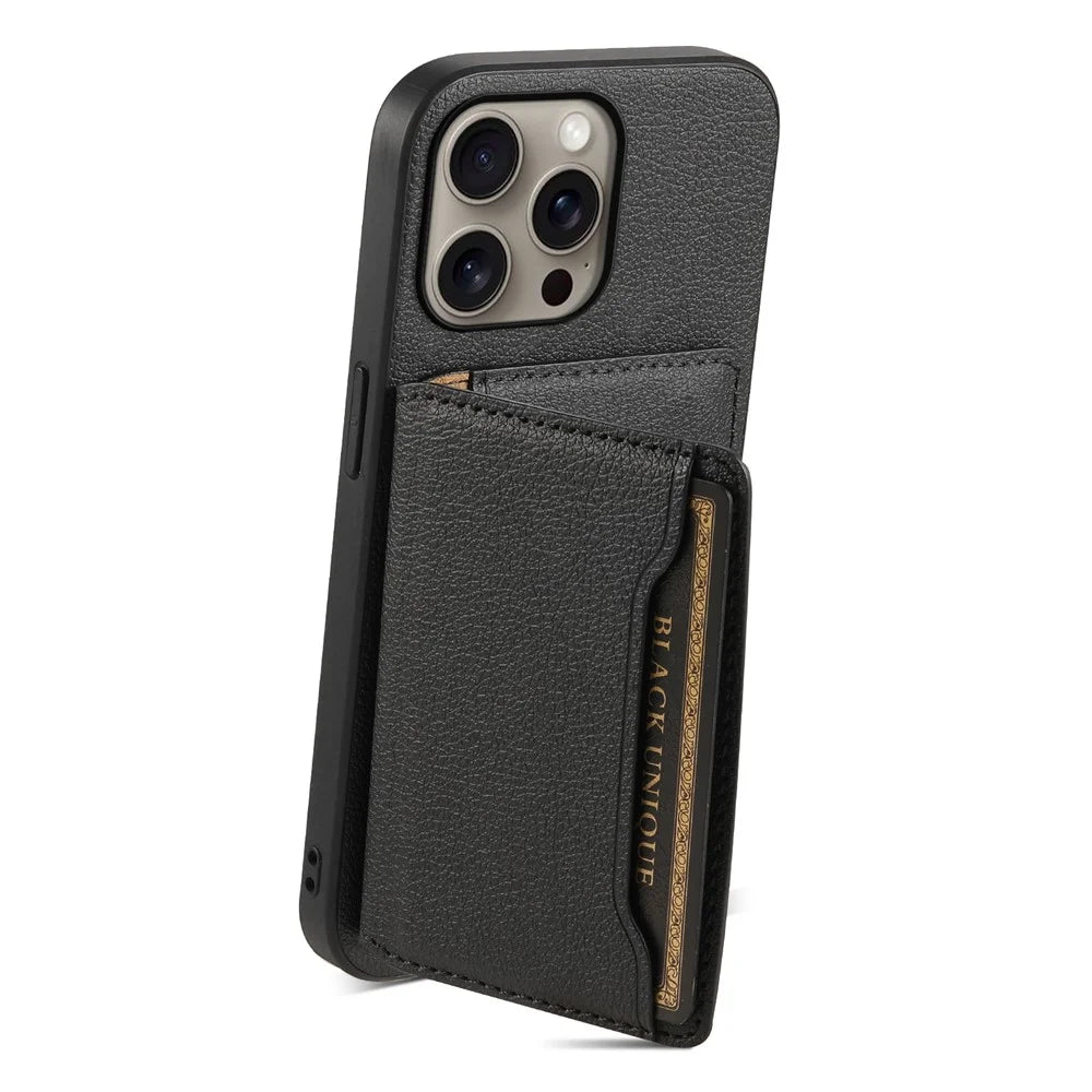 For iPhone 16 Pro Case Card Holder Kickstand Leather Coated PC+TPU Phone Cover - Black - 2