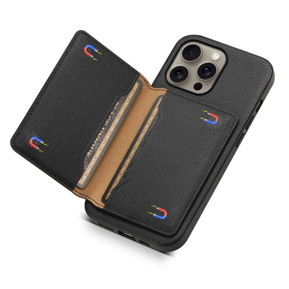 For iPhone 16 Pro Case Card Holder Kickstand Leather Coated PC+TPU Phone Cover - Black - 3