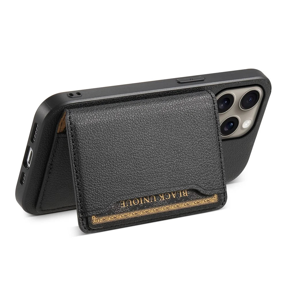 For iPhone 16 Pro Case Card Holder Kickstand Leather Coated PC+TPU Phone Cover - Black - 4