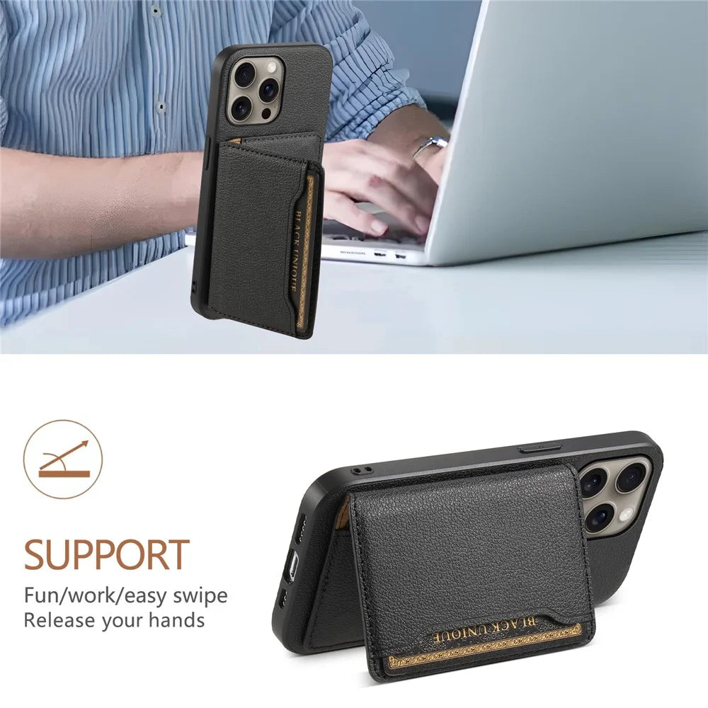 For iPhone 16 Pro Case Card Holder Kickstand Leather Coated PC+TPU Phone Cover - Black - 5