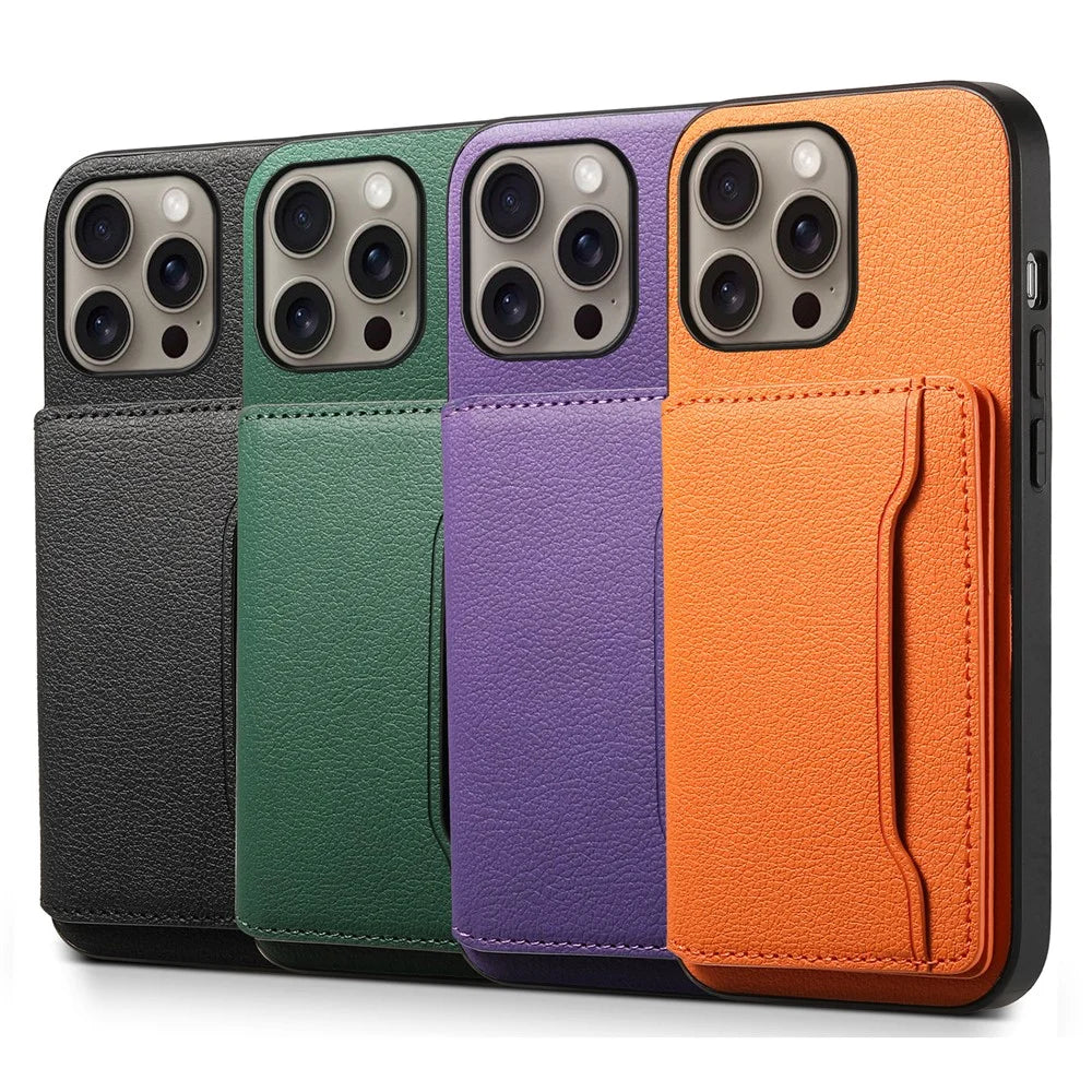 For iPhone 16 Pro Case Card Holder Kickstand Leather Coated PC+TPU Phone Cover - Black - 6