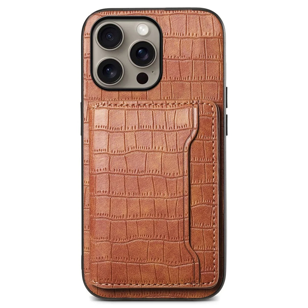 For iPhone 16 Pro Max Case Card Holder Kickstand Crocodile Texture Leather Back Phone Cover - Brown - 1