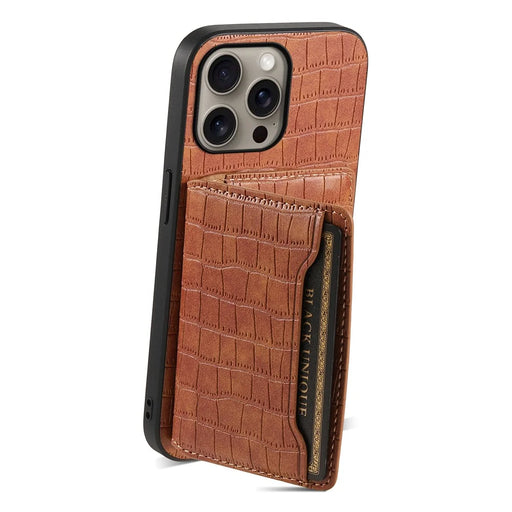 For iPhone 16 Pro Max Case Card Holder Kickstand Crocodile Texture Leather Back Phone Cover - Brown - 2