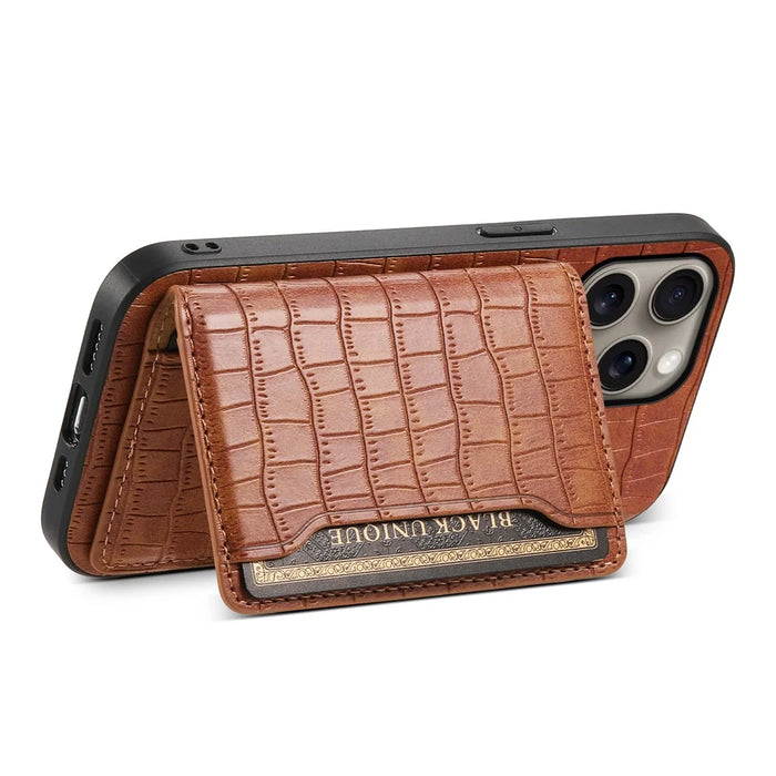 For iPhone 16 Pro Max Case Card Holder Kickstand Crocodile Texture Leather Back Phone Cover - Brown - 3