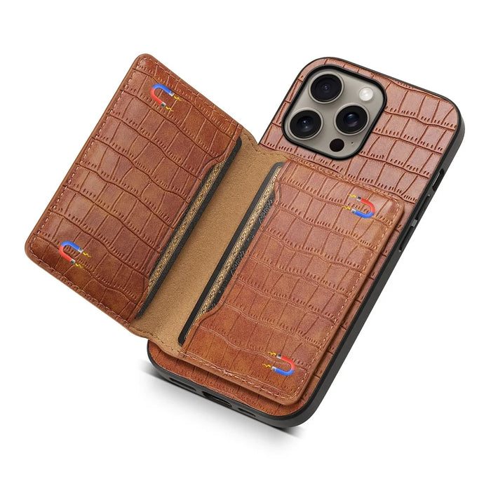 For iPhone 16 Pro Max Case Card Holder Kickstand Crocodile Texture Leather Back Phone Cover - Brown - 4