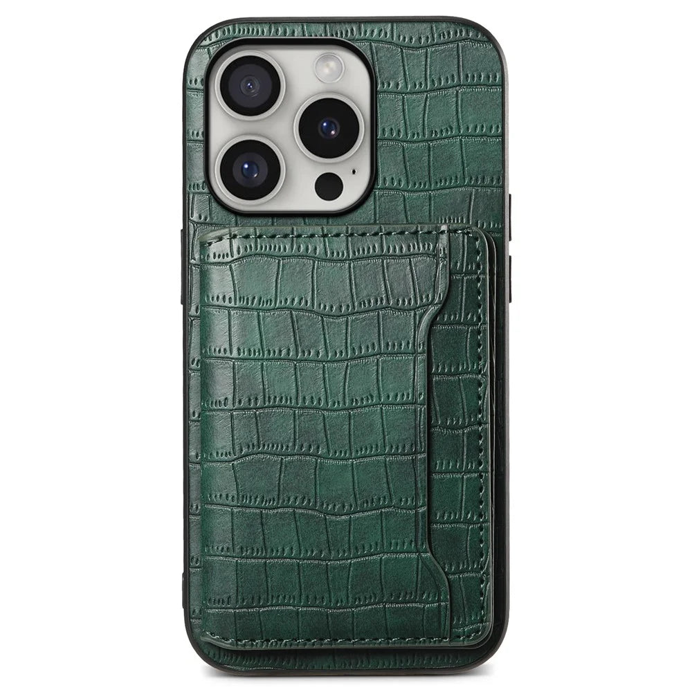 For iPhone 16 Pro Case Card Holder Kickstand Crocodile Texture Leather Back Phone Cover - Green - 1