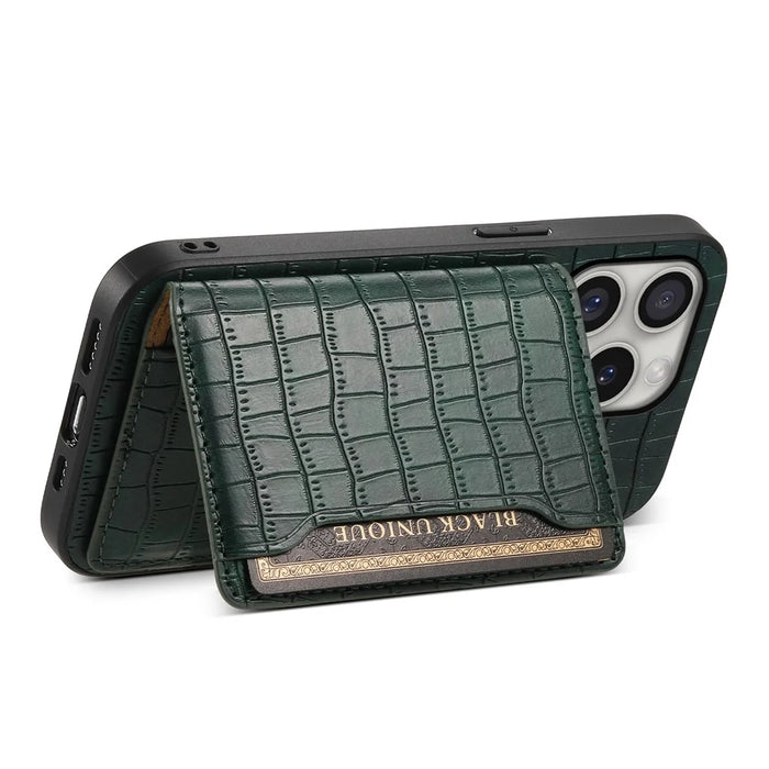 For iPhone 16 Pro Case Card Holder Kickstand Crocodile Texture Leather Back Phone Cover - Green - 3
