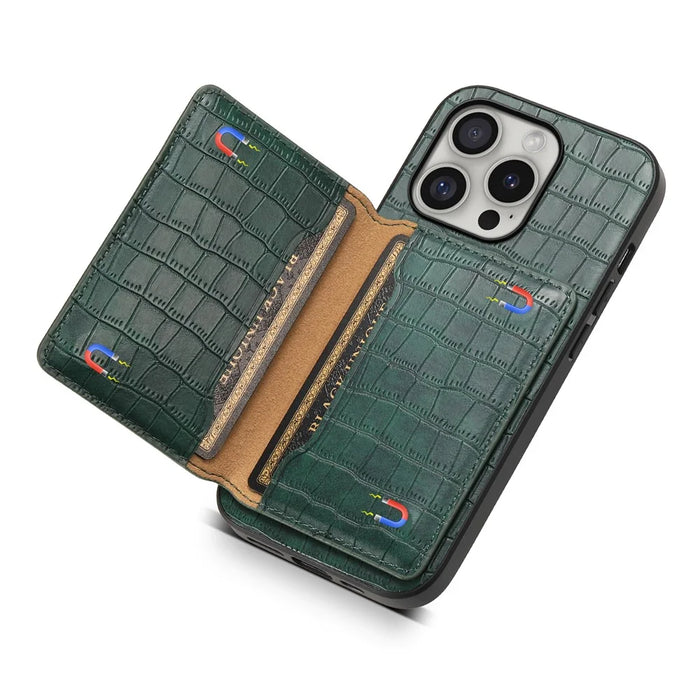 For iPhone 16 Pro Case Card Holder Kickstand Crocodile Texture Leather Back Phone Cover - Green - 4