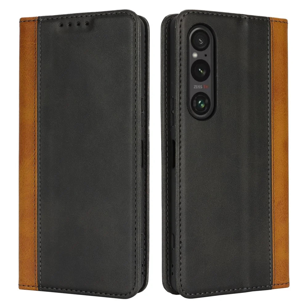 For Sony Xperia 1 VI Case Calf Texture 3 Card Slots Color Splicing Leather Phone Cover - Black+Yellow - 1