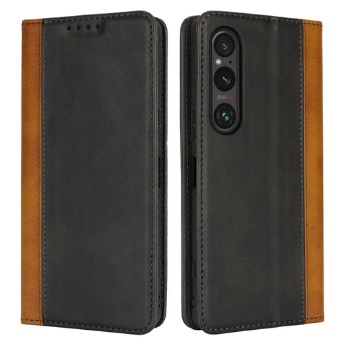 For Sony Xperia 1 VI Case Calf Texture 3 Card Slots Color Splicing Leather Phone Cover - Black+Yellow - 1