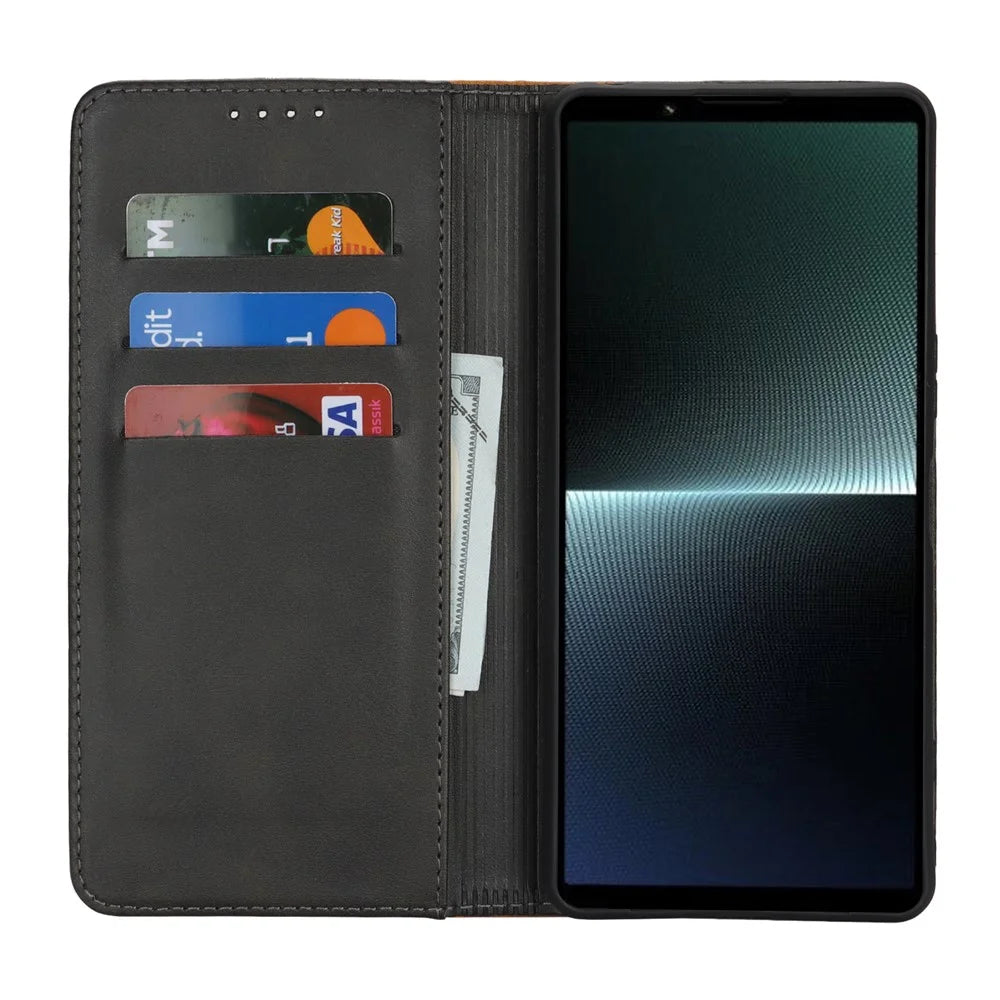 For Sony Xperia 1 VI Case Calf Texture 3 Card Slots Color Splicing Leather Phone Cover - Black+Yellow - 2