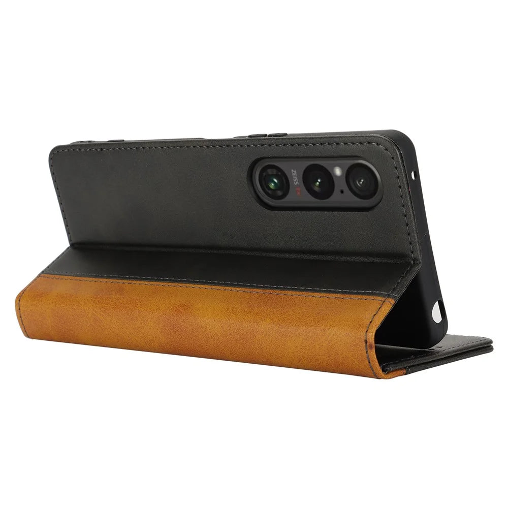 For Sony Xperia 1 VI Case Calf Texture 3 Card Slots Color Splicing Leather Phone Cover - Black+Yellow - 3
