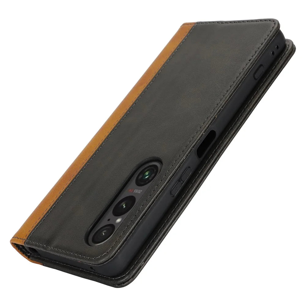 For Sony Xperia 1 VI Case Calf Texture 3 Card Slots Color Splicing Leather Phone Cover - Black+Yellow - 5