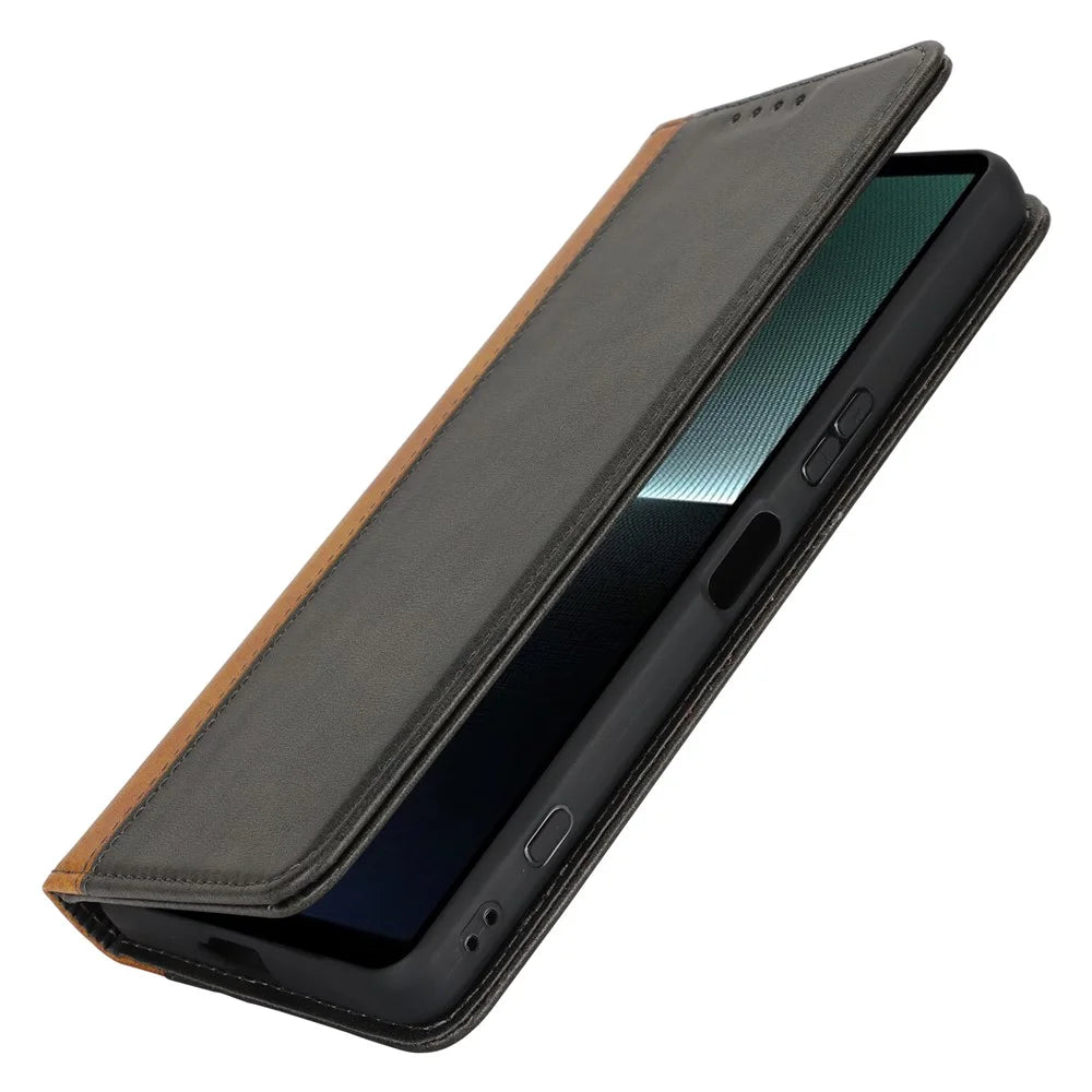 For Sony Xperia 1 VI Case Calf Texture 3 Card Slots Color Splicing Leather Phone Cover - Black+Yellow - 6