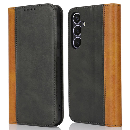 For Samsung Galaxy S24+ Case Calf Texture 3 Card Slots Color Splicing Leather Phone Cover - Black+Yellow - 1