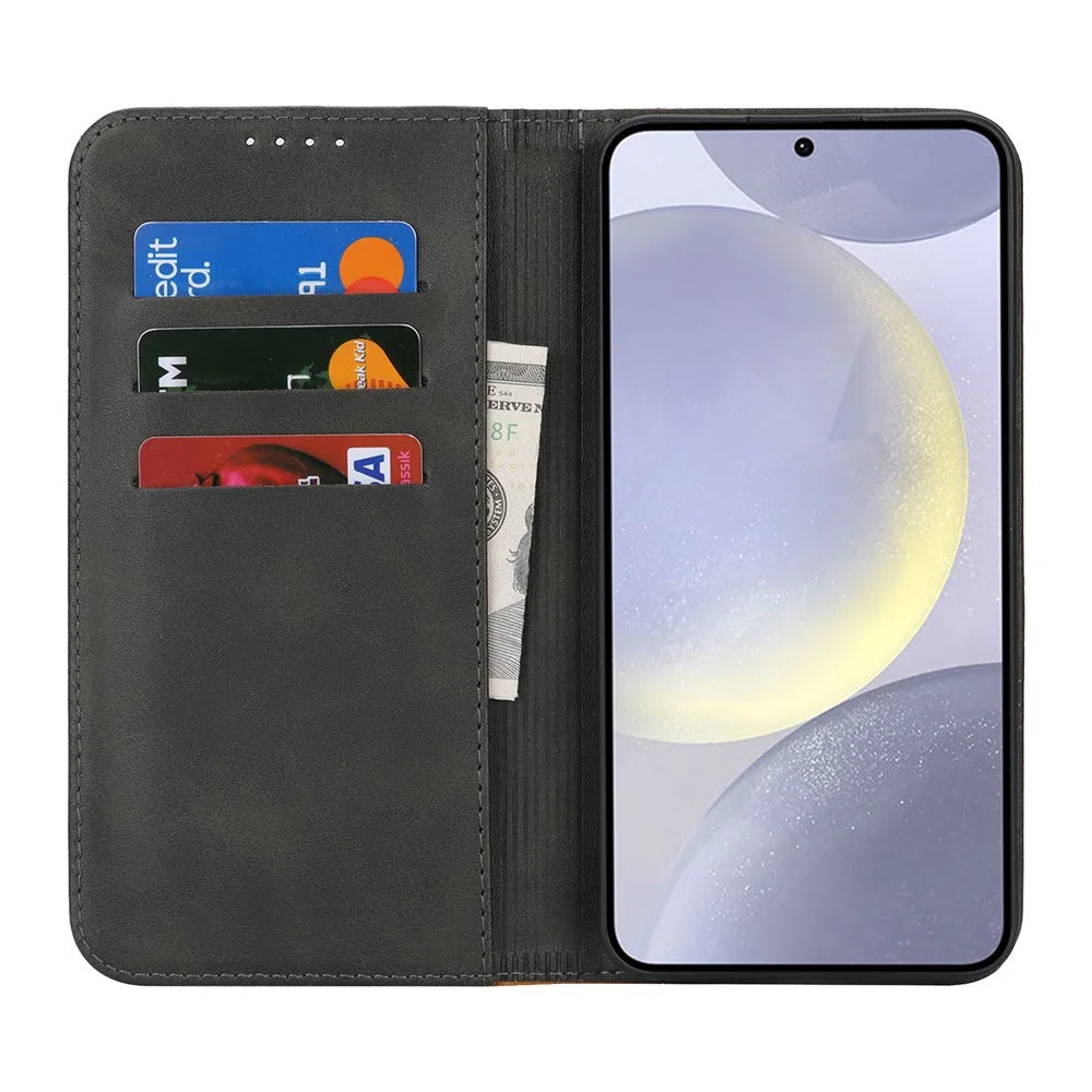 For Samsung Galaxy S24+ Case Calf Texture 3 Card Slots Color Splicing Leather Phone Cover - Black+Yellow - 2