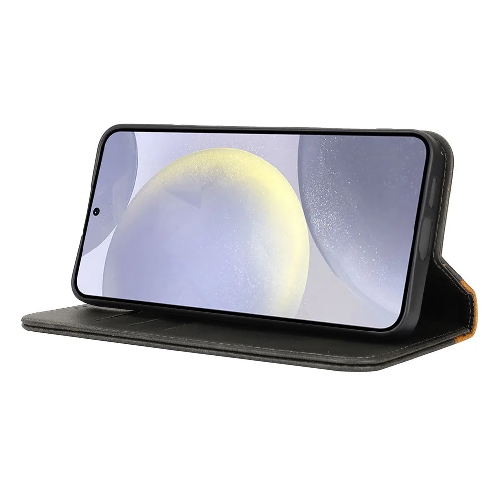 For Samsung Galaxy S24+ Case Calf Texture 3 Card Slots Color Splicing Leather Phone Cover - Black+Yellow - 3