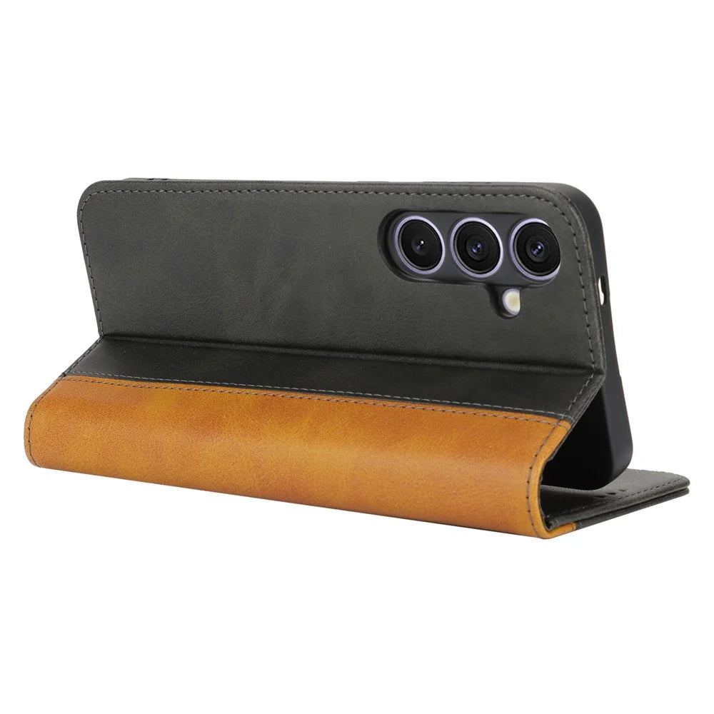 For Samsung Galaxy S24+ Case Calf Texture 3 Card Slots Color Splicing Leather Phone Cover - Black+Yellow - 4