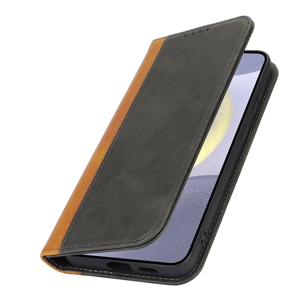 For Samsung Galaxy S24+ Case Calf Texture 3 Card Slots Color Splicing Leather Phone Cover - Black+Yellow - 5