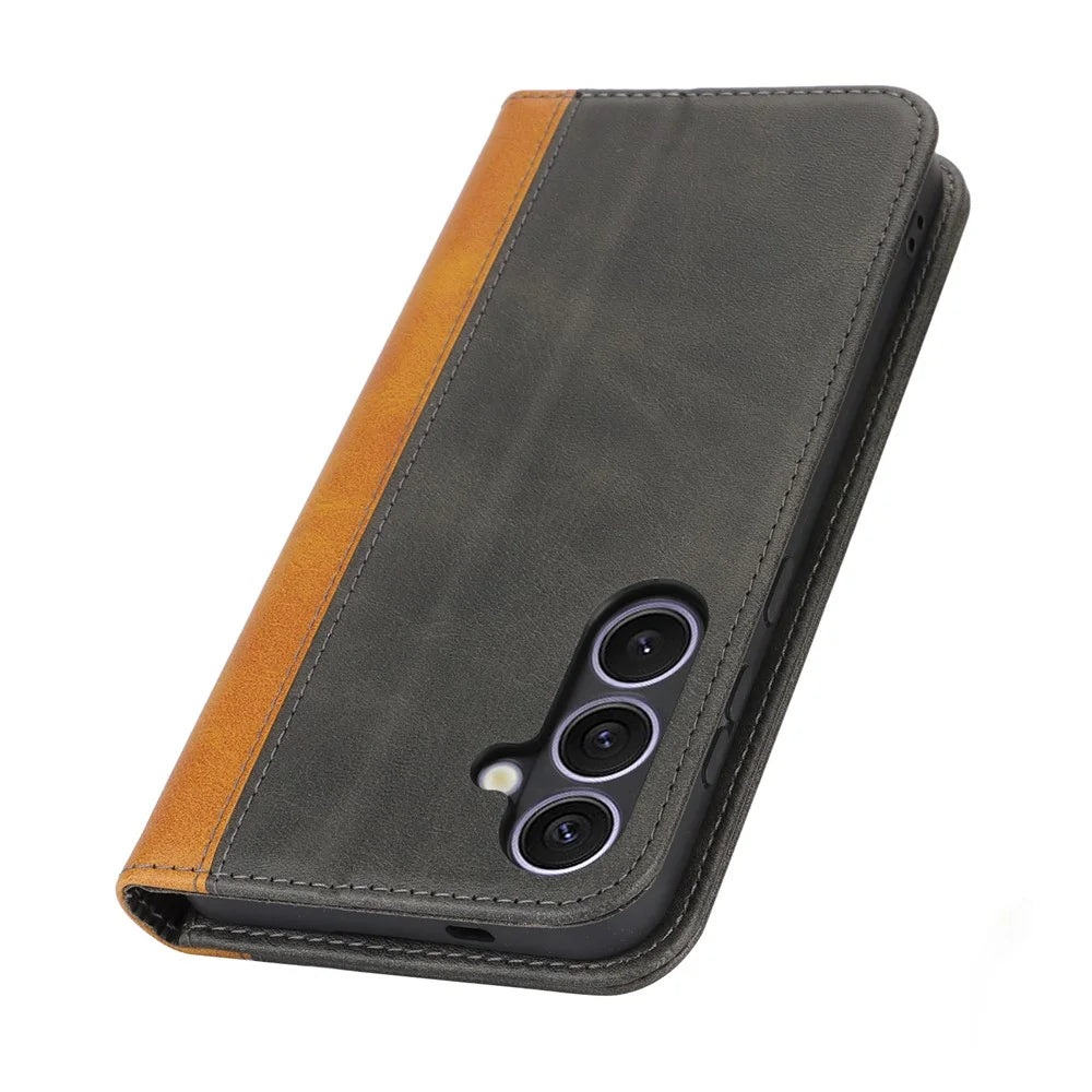 For Samsung Galaxy S24+ Case Calf Texture 3 Card Slots Color Splicing Leather Phone Cover - Black+Yellow - 6