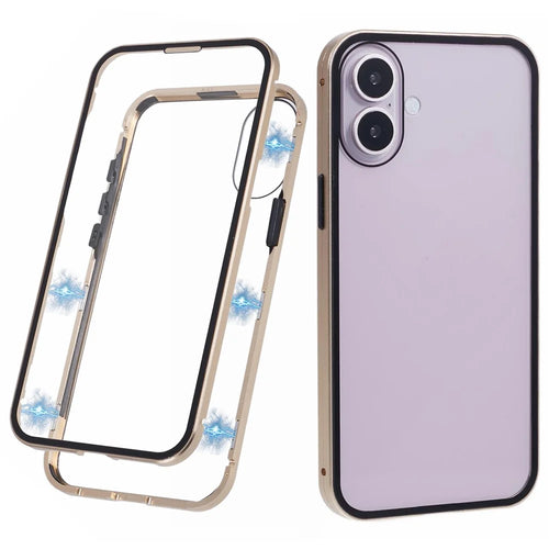 For iPhone 16 Full Body Case Magnetic Tempered Glass Double-Sided Phone Case - Gold - 1