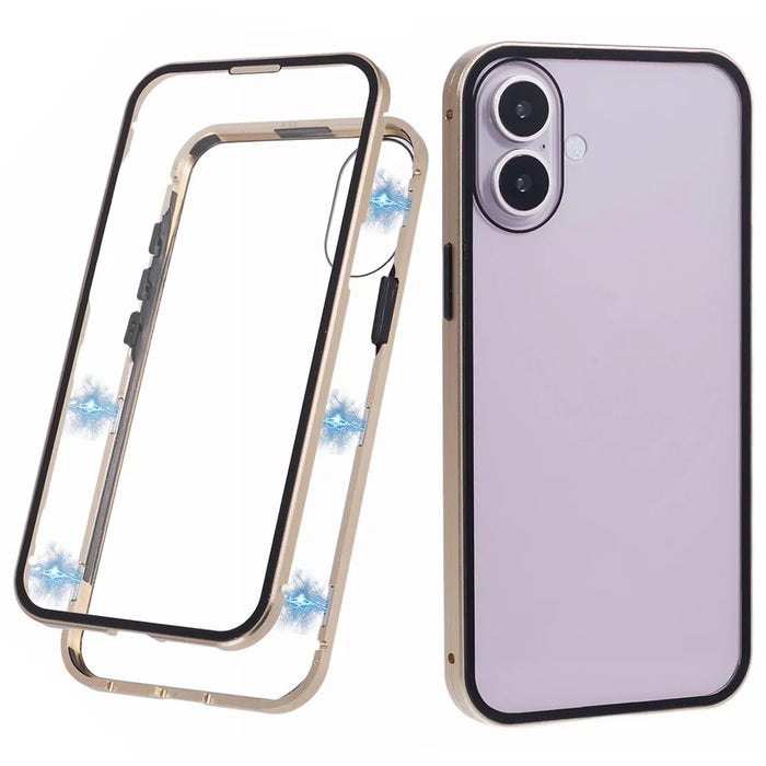 For iPhone 16 Plus Full Body Case Magnetic Tempered Glass Double-Sided Phone Case - Gold - 1