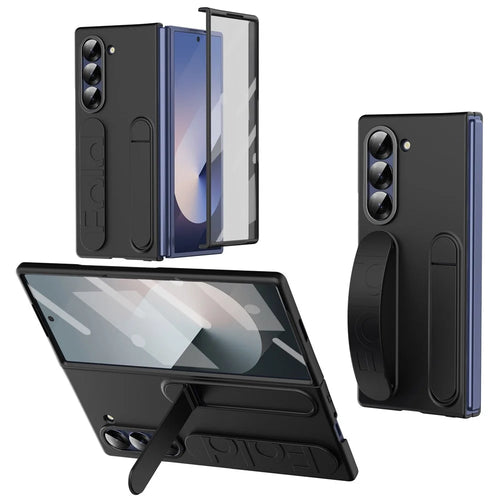For Samsung Galaxy Z Fold6 5G Case Kickstand Wristband PC Phone Cover with Tempered Glass Film - Black - 1