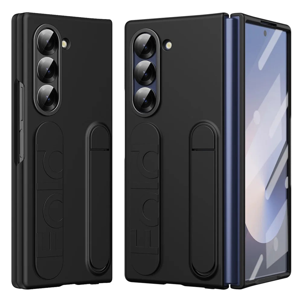 For Samsung Galaxy Z Fold6 5G Case Kickstand Wristband PC Phone Cover with Tempered Glass Film - Black - 2