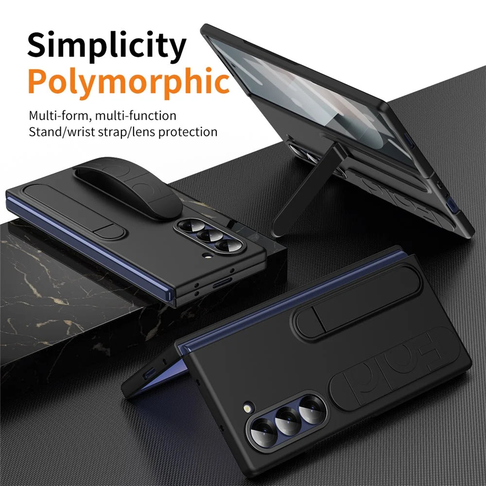 For Samsung Galaxy Z Fold6 5G Case Kickstand Wristband PC Phone Cover with Tempered Glass Film - Black - 3