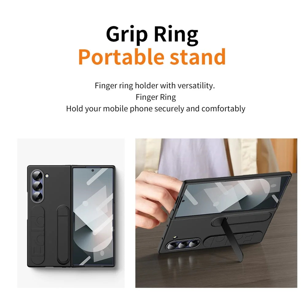For Samsung Galaxy Z Fold6 5G Case Kickstand Wristband PC Phone Cover with Tempered Glass Film - Black - 5