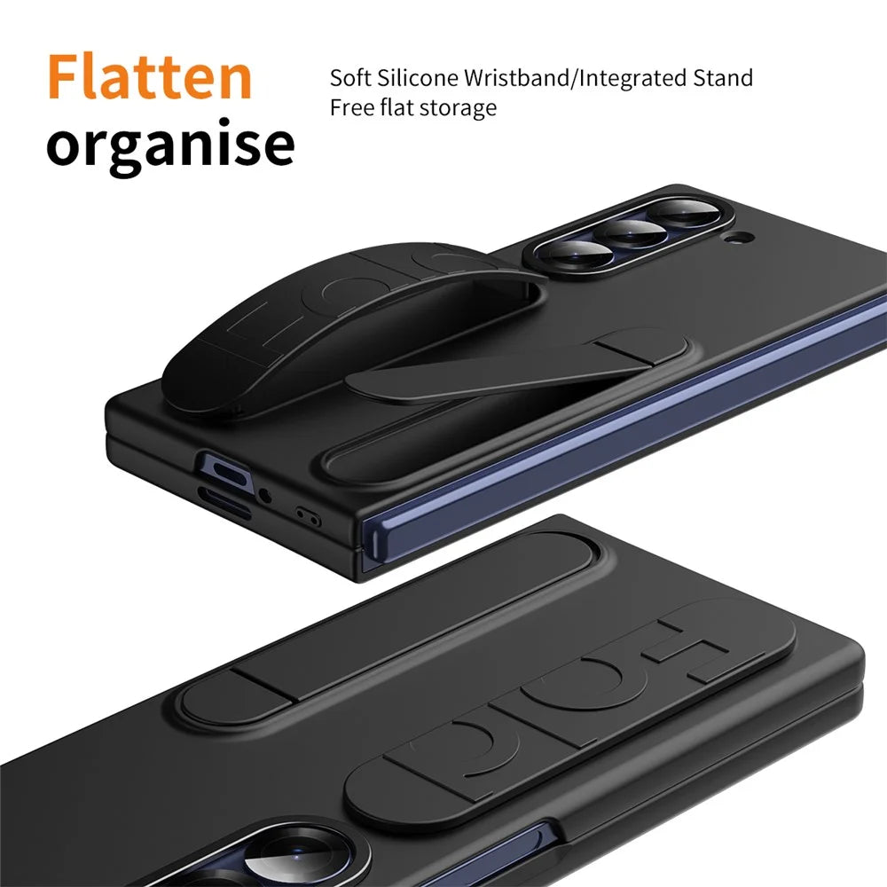 For Samsung Galaxy Z Fold6 5G Case Kickstand Wristband PC Phone Cover with Tempered Glass Film - Black - 6