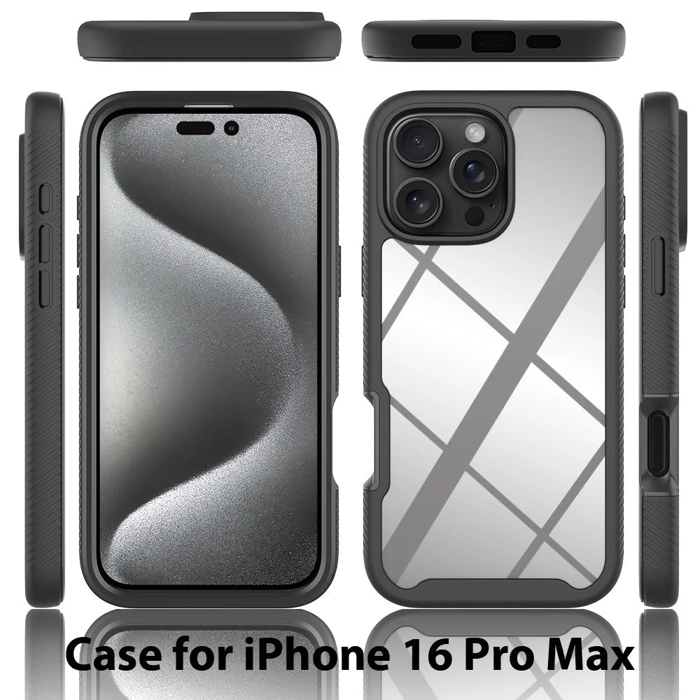 For iPhone 16 Pro Max Case PC+TPU Clear Phone Cover with PET Screen Film - Black - 5