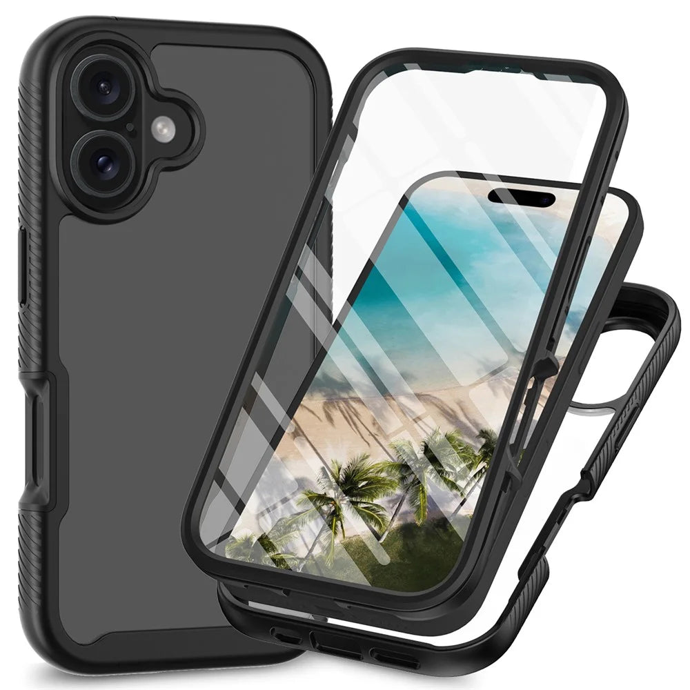 For iPhone 16 Plus Case PC+TPU Clear Phone Cover with PET Screen Film - Black - 1