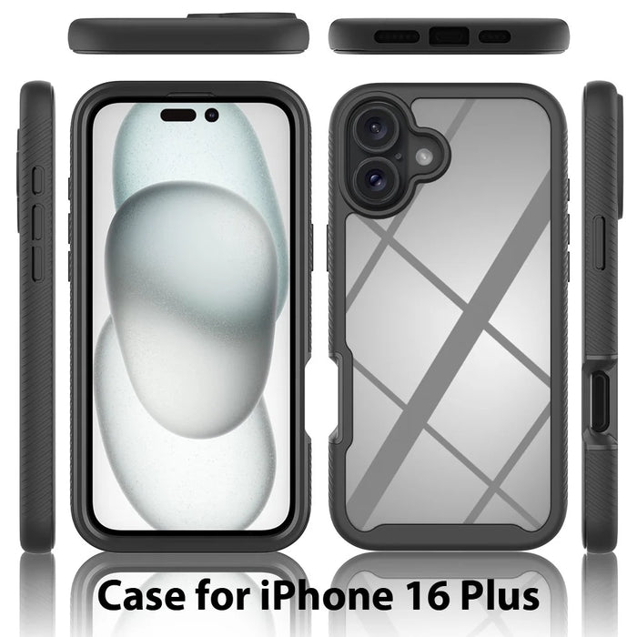 For iPhone 16 Plus Case PC+TPU Clear Phone Cover with PET Screen Film - Black - 5