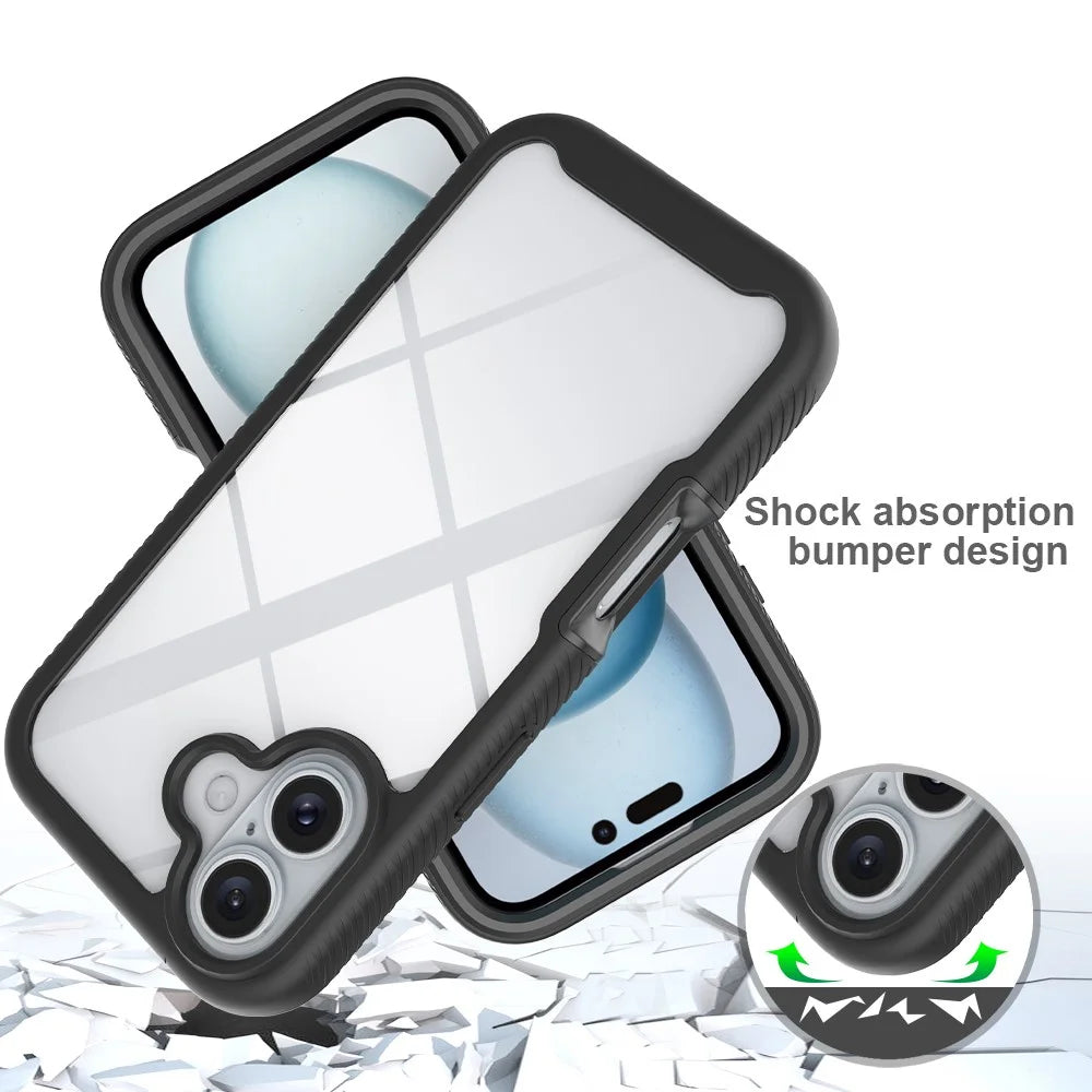 For iPhone 16 Case PC+TPU Clear Phone Cover with PET Screen Film - Black - 4