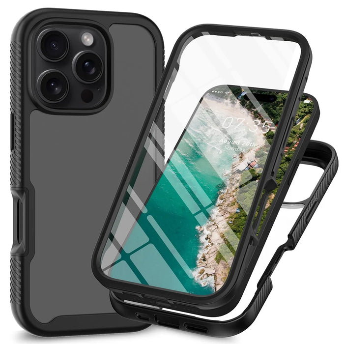 For iPhone 16 Pro Case PC+TPU Clear Phone Cover with PET Screen Film - Black - 1