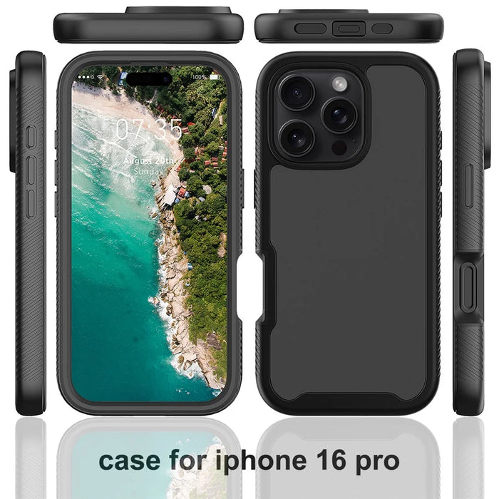 For iPhone 16 Pro Case PC+TPU Clear Phone Cover with PET Screen Film - Black - 6
