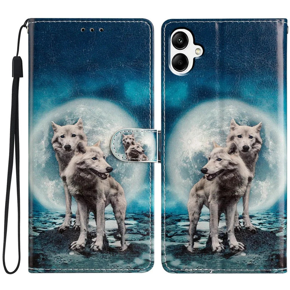For Samsung Galaxy A06 4G Wallet Case PU Leather Pattern Printing Stand Phone Cover with Strap - Two Wolves - 1
